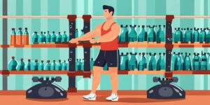 Hombre levantando botellas de agua con aperturas horizontales en el gimnasio