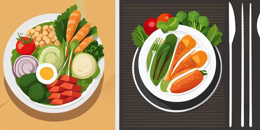 Combinación saludable de proteínas, carbohidratos y vegetales en un plato